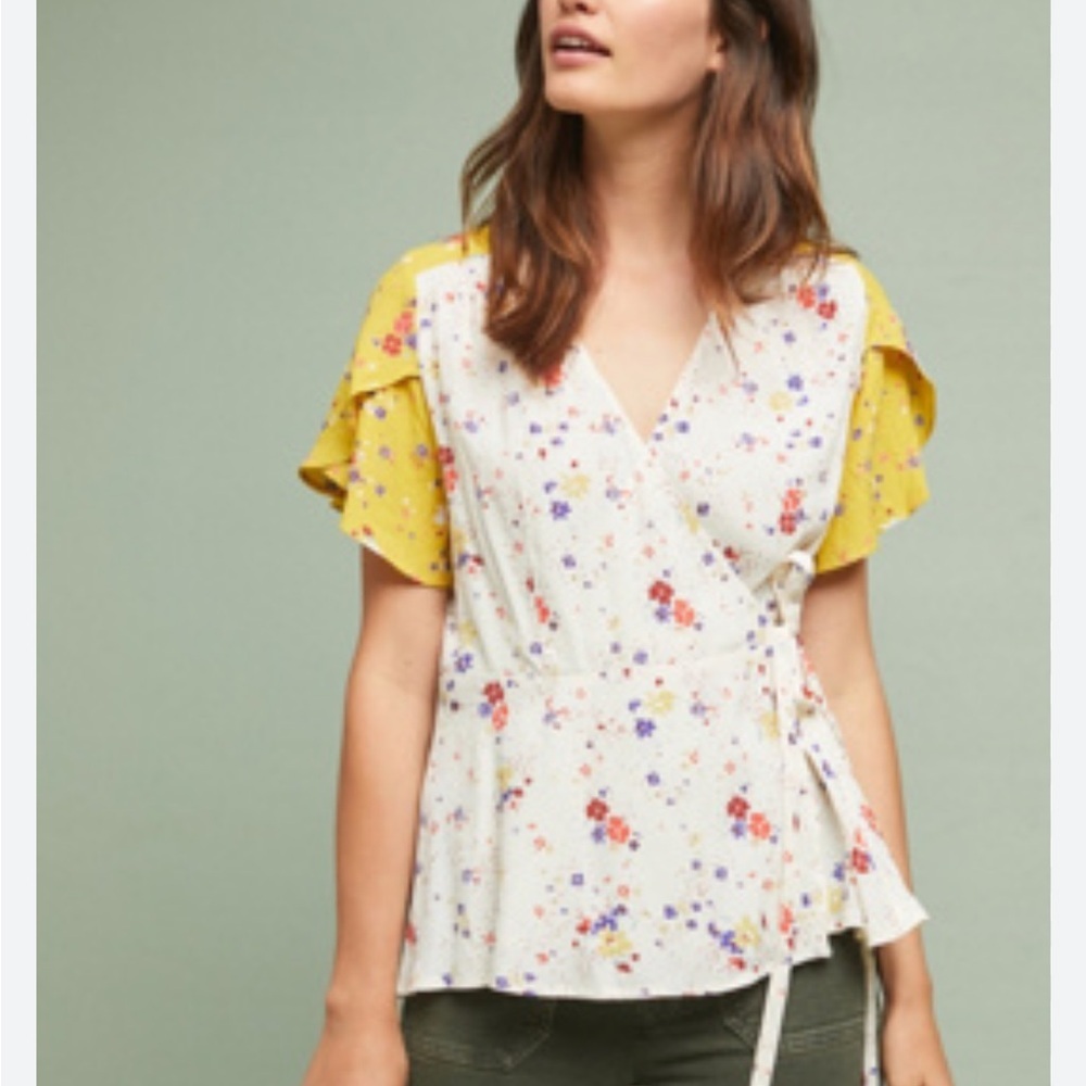 Meadow Rue Anthro. Bon Voyage Floral Wrap Blouse Sz 2 Yellow Ivory S Boho NWT